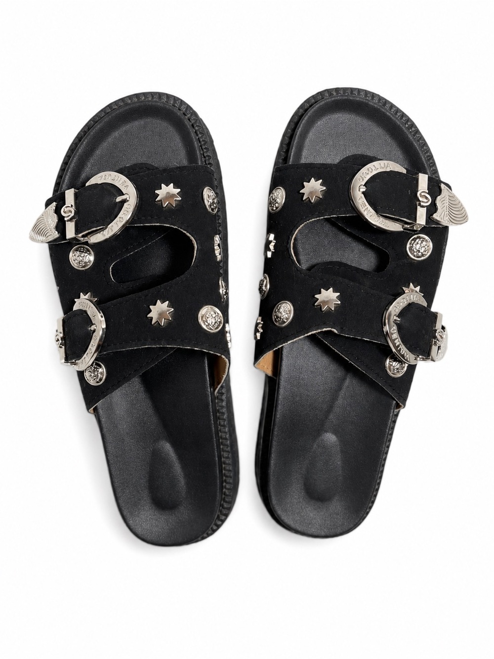 Black Suede Buckle Slide Sandals with Silver Accents US 8.5 9.00 Women's